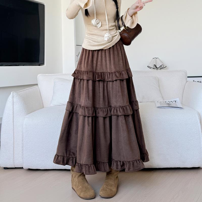 Women s Coffee Pleated A-Line Skirt - Autumn/Winter, Mid-Length, High-Waist Medium