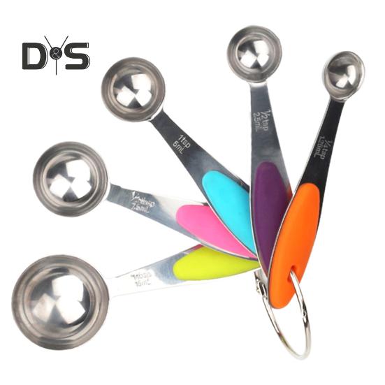 

5 шт./компл. мерная ложка из нержавеющей стали, силиконовая ручка, прочный набор мерных ложек для сахара, порошка, жидкости Spoon