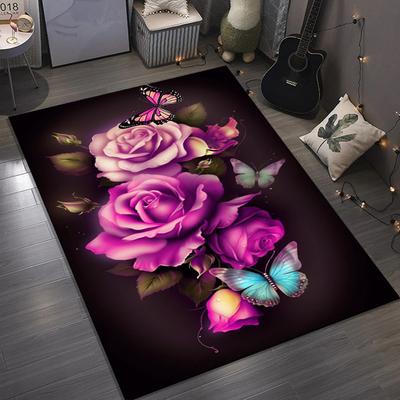 Purple Roses and ButterfliesAreaRugRomanticFloral Design for LivingRoomSoft Indoor Carpet Anti Slip Carpet Can Be Machine Washed