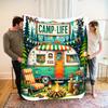 Camp Life RV Camper Flannel Blanket Camping Trailer Forest Campfire Print Soft Warm Outdoor Lover Throw Blanket