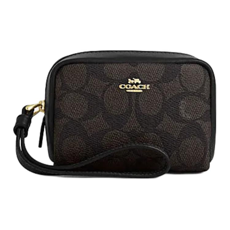 

Coach Brown Signature Canvas Mini Zip Pouch with Wrist Strap & Gold Hardware for Daily Use Basic Set (Bag+Dust Bag)