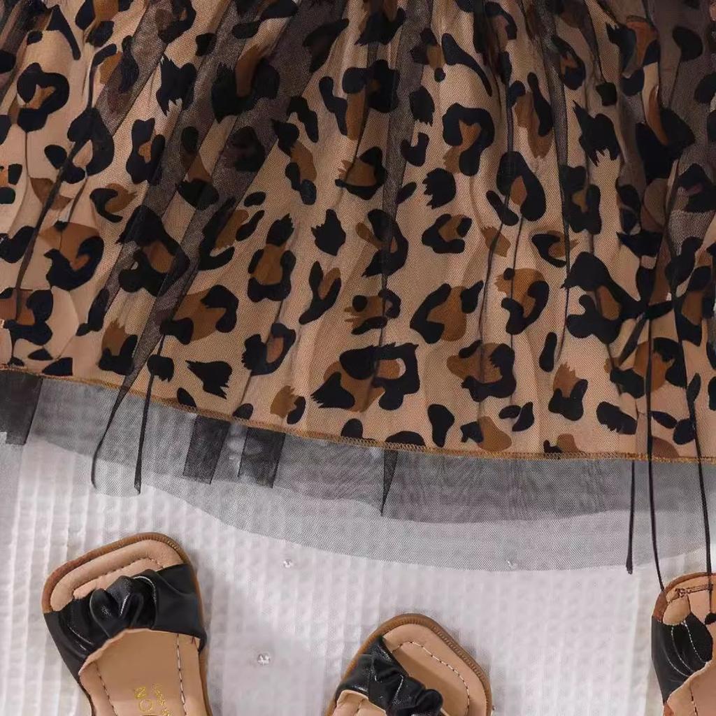 Kurzärmeliges Sommer-Mädchenkleid mit stilvollem Kinder-Patchwork-Leopardenmuster-Meshrock