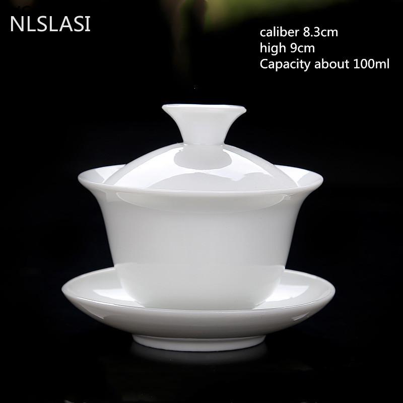 Cuenco de porcelana blanca china con tapa, taza de té, juego de té, tazón de té, taza de té, juego de té portátil de viaje, utensilios para beber para el hogar NLSLASI