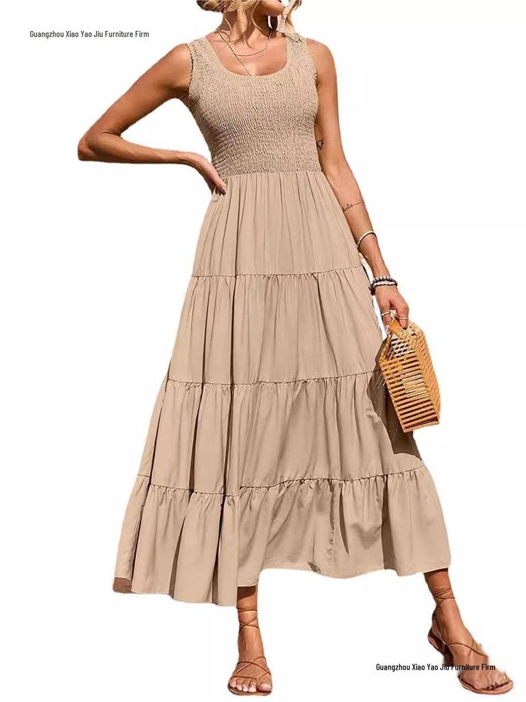 Spring European & American Women's Camisole Dress: Pleated Patchwork A-line with Wide Hem