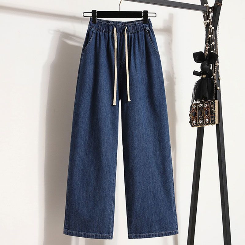 Damen Frühlings- und Sommer-Jeans mit mittlerer Taille, locker, lässig, für Studenten, elastischer Bund, einfarbig, gerade Hosen
