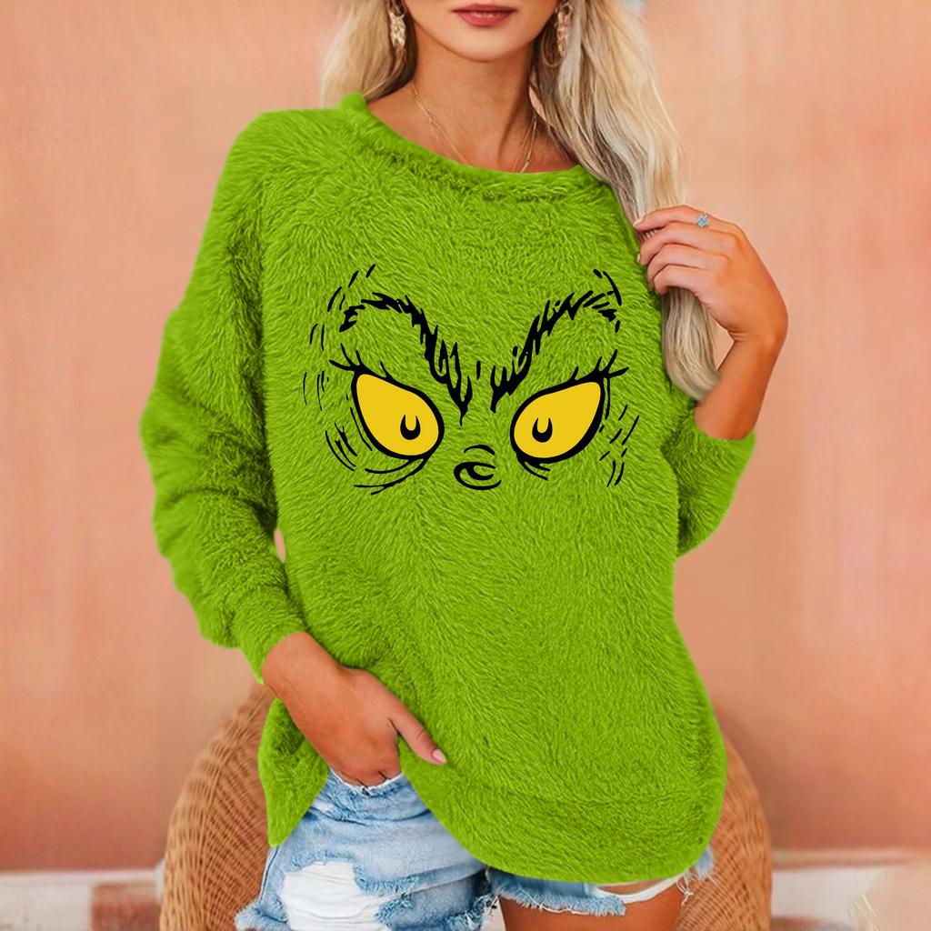 Women's Fashionable Round Neck Long Sleeved Christmas Printed Loose Plush Warm Pullover Top