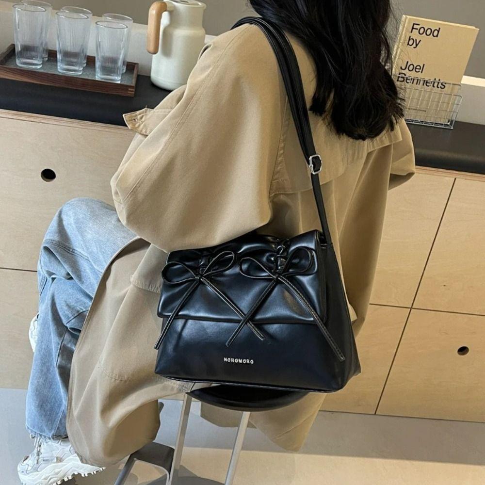 Korean Style Balletcore Bow Handbag Shopping Bag PU Leather Underarm Bag  Women