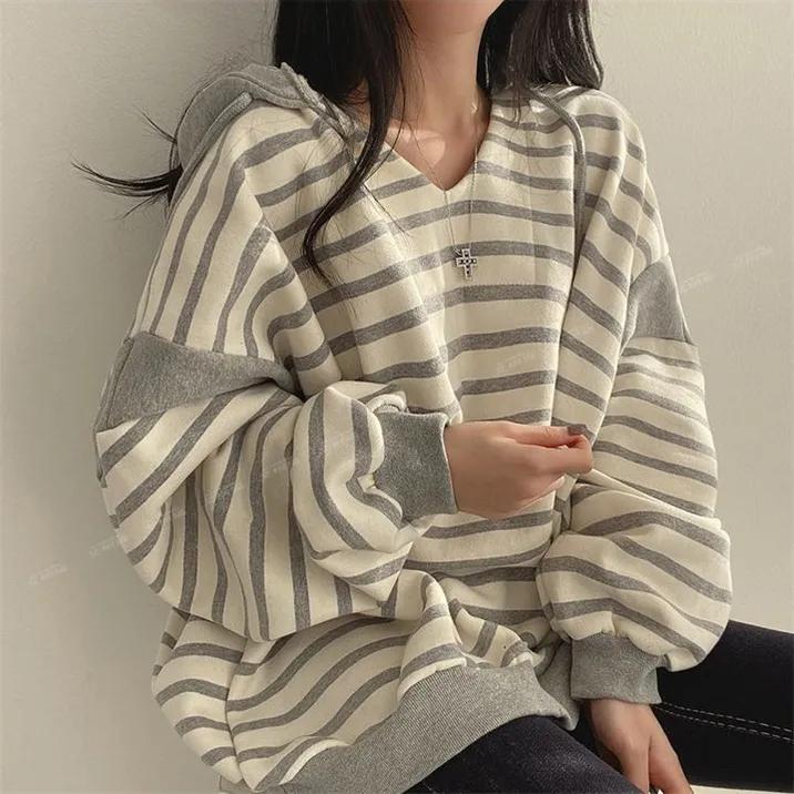 Spring and Autumn Women's Striped Hoodie Casual Long Sleeve Sweatshirt Vintage Oversized Hoodies