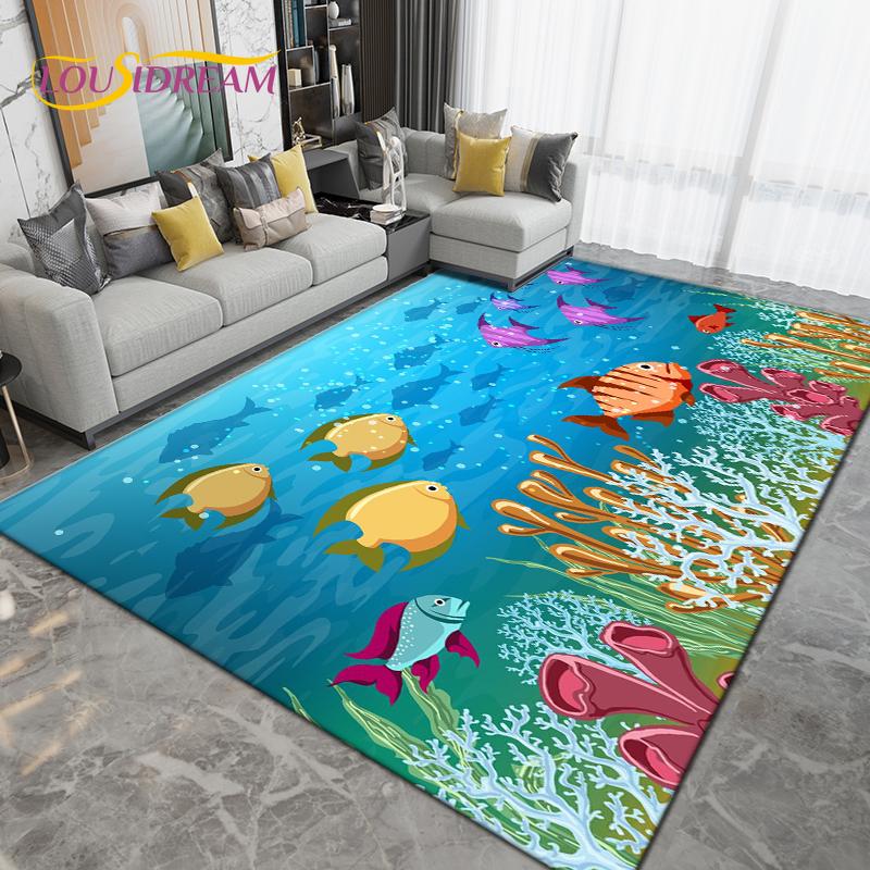 Ocean Underwater World Fish Dolphin Octopus Area Rug,Carpet Rug for Living Room Bedroom Sofa,Kitchen Bathroom Non-slip Floor Mat