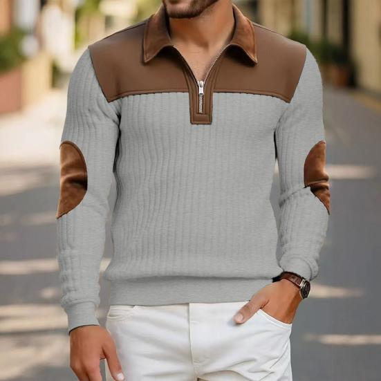 Herr Quarter Zip Tröja Långärmad Nedvikbar Krage Pullover Färgblock Jacquard Sweatshirt med Armbågslappar för Street Daglig Användning