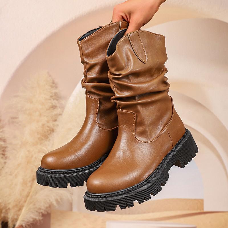 Fashion Fashion Pleated Design Pleated Ankle Boots Women Slip On Plus Size 35-42 Pu Leather Boots Woman Brown Thick Bottom Short Booties