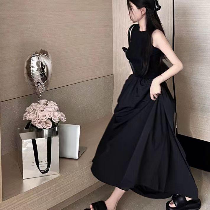 Black Slim Sleeveless Vest Dress Summer New French Hepburn Style Simple Temperament Medium and Long A-shaped Skirt