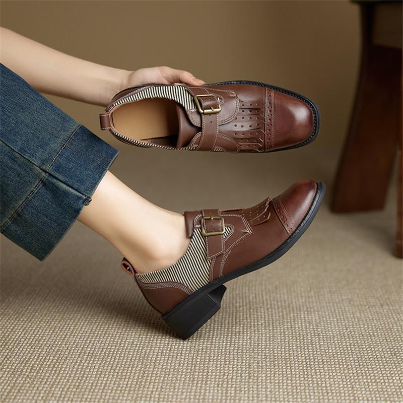 Moda Nuove Scarpe da Donna in Vera Pelle Primavera/Autunno Mocassini a Punta Tonda Scarpe da Donna Moda Pumps da Donna Tacco Alto Chunky