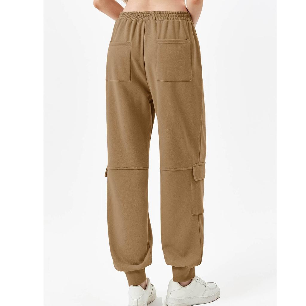 Women Elastic High Waist  Casual Active Fit Wide Long Leg Pants Trousers With Pockets