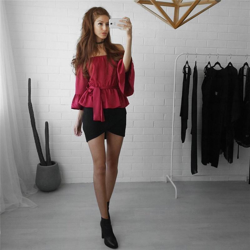 

Женская летняя блузка, однотонная лодочка с открытыми плечами и поясом, короткие тонкие рубашки