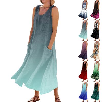 Women's Summer Casual Fashion Retro Printed Sleeveless Round Neck Pocket Dress