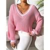 TIFICY Women's Fashion Casual Fall Winter Colour Block Print Long Sleeve V-Neck Sweaters