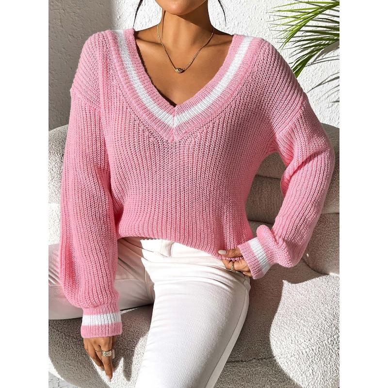 TIFICY Women's Fashion Casual Fall Winter Colour Block Print Long Sleeve V-Neck Sweaters