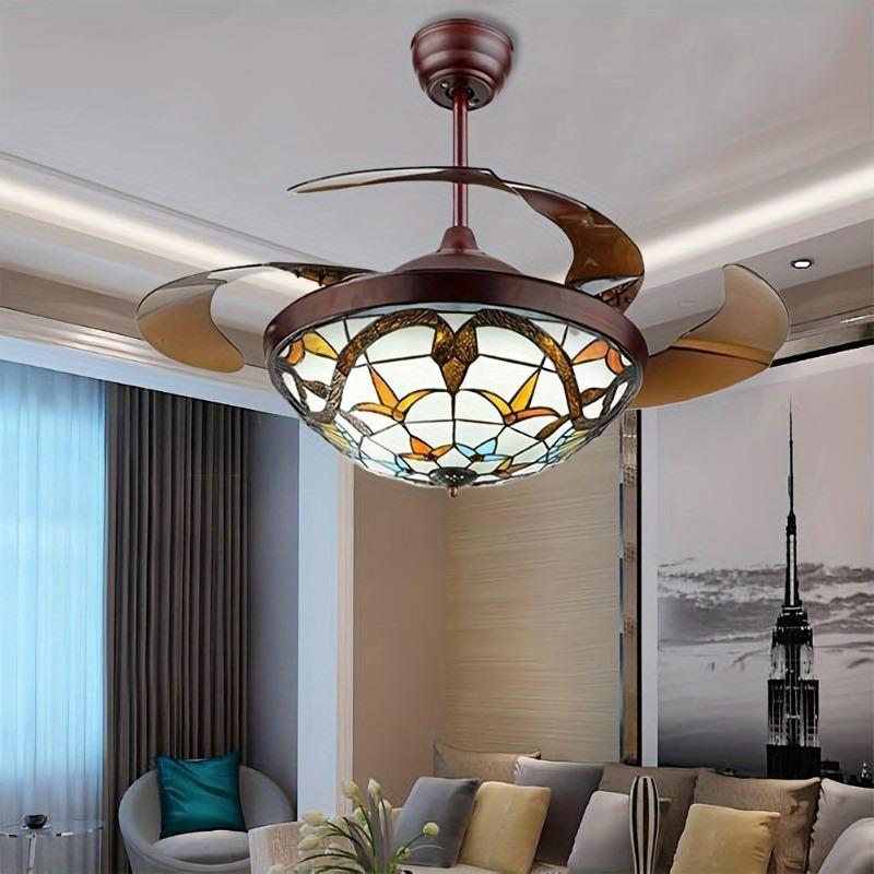 42-inch Retractable Ceiling Fan with Lamp and Remote Control Double-sided Chandelier Style