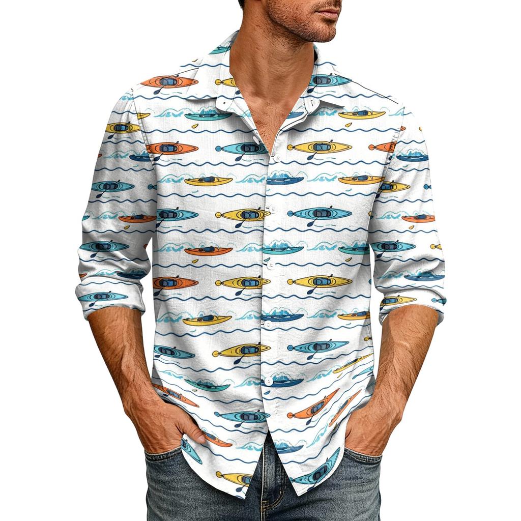Men's Loose Fit Long Sleeve Shirt Hawaiian Style Retro Casual Button Down Shirt with Spread Collar Suitable for Spring and Autumn