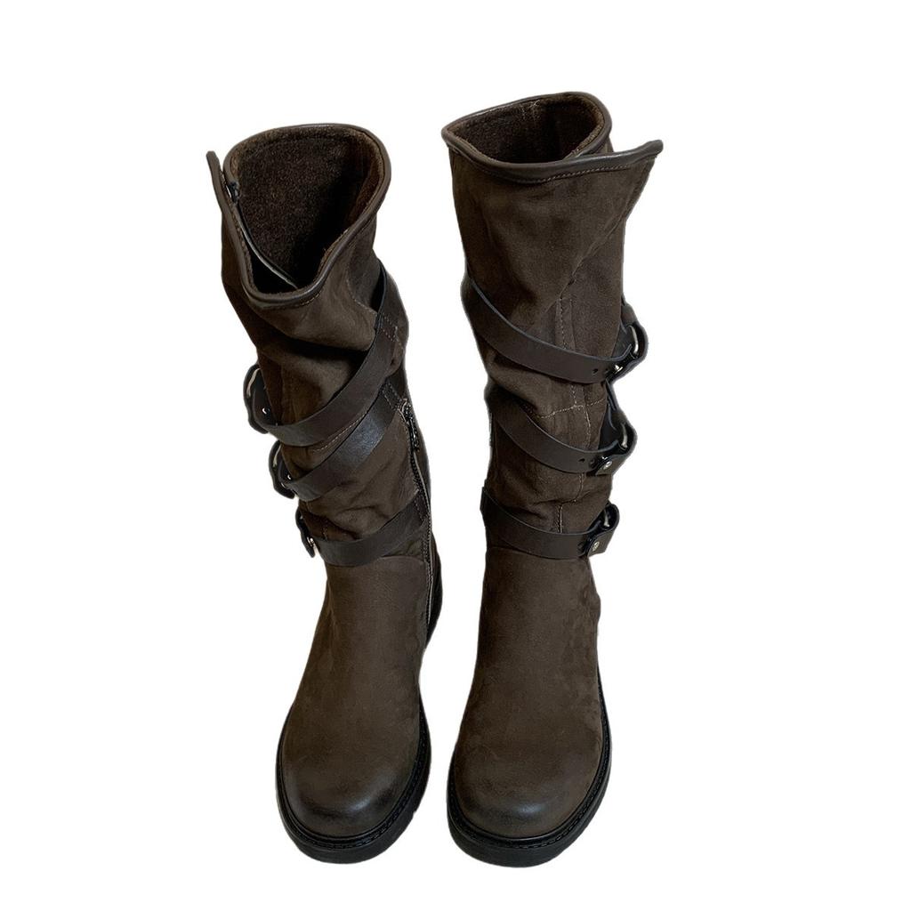 Grape Mother Same Fashionable Belt Buckle Side Zipper Thick Heel Knight Boots Female Spice Girl Round Head Versatile Thick Sole Medium Boots