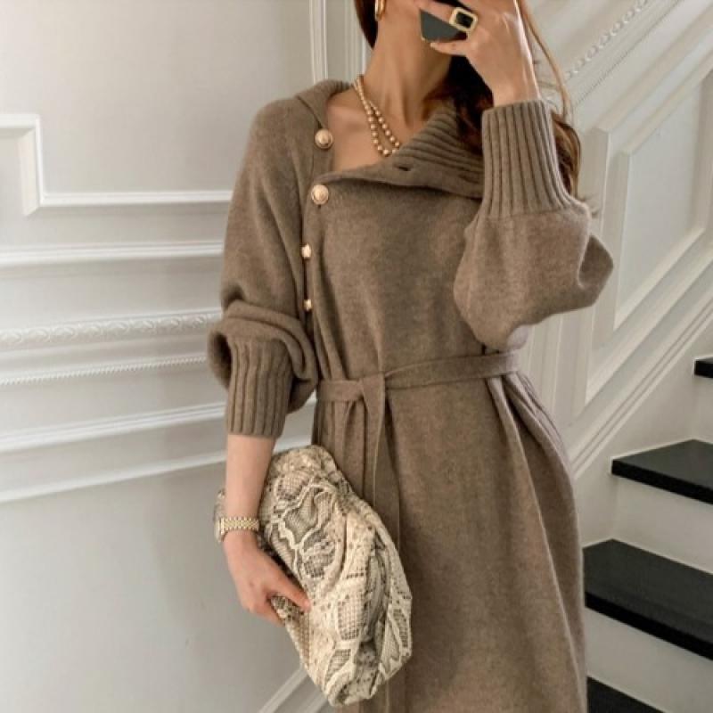 Women's Casual Long Sweater 2023 Autumn Winter New Fashion Korean Lace-up Waist Knitted Dress Loose Pullover Turtleneck Jumpers