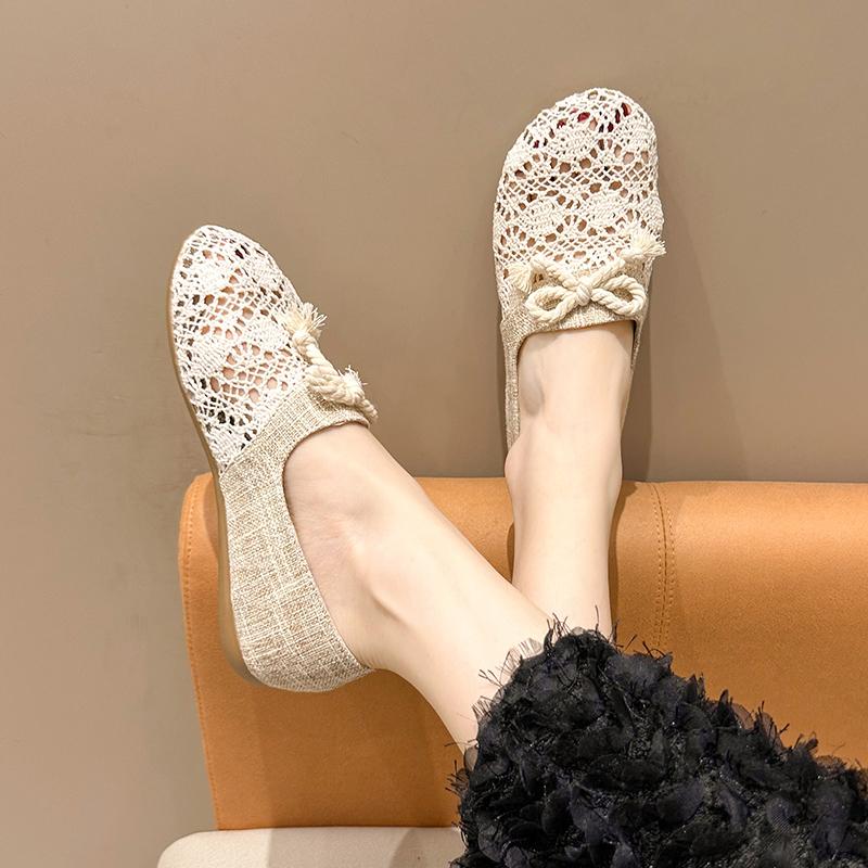 Fashion Summer Women Hollow Out Mesh Breathable Loafers Shoes Ladies Korean Lace Slip On Beige Fats Shoes Zapatos De Mujer New 2025
