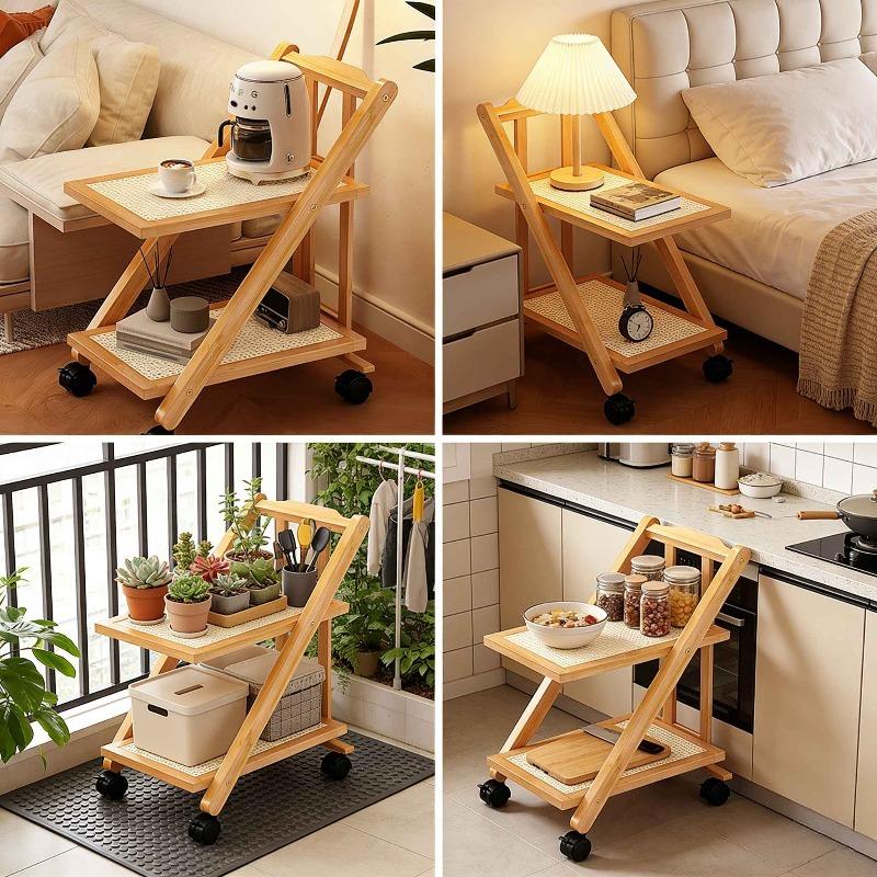 Foldable Bedside Table with Wheel Storage Rack, 2-layer Storage Sofa, Bookshelf, Floor Standing Coffee Table, Bedroom Snack Cart