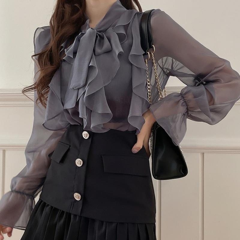 Sommer Koreanische Chiffonbluse Büro Dame Herbst Mode Oberteile Süßes Schleifenhemd Damen Lässige Langarmblusen Blusas