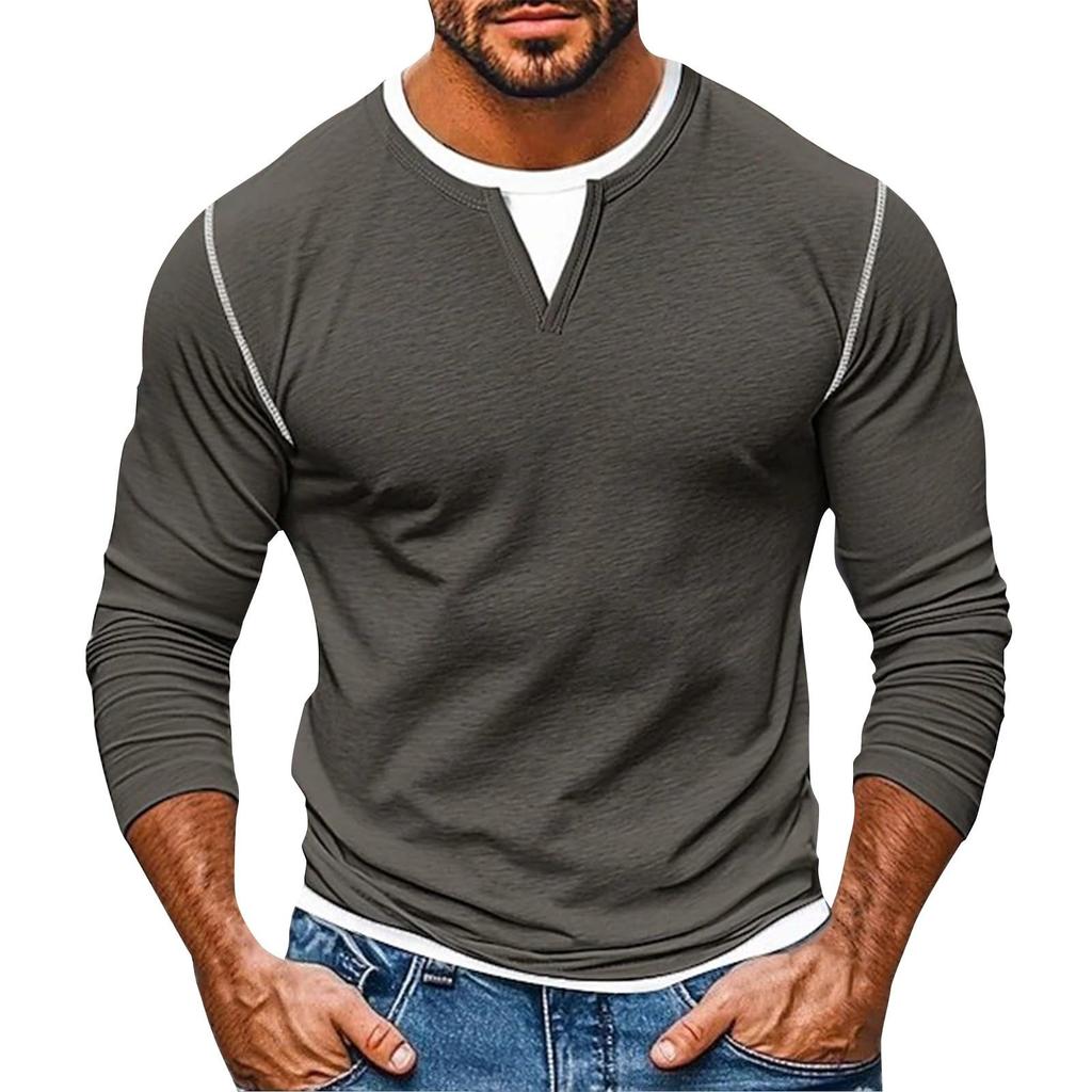 Mens Long Sleeve Tee Shirts Fake Two Pieces V Neck Shirt Fall Casual Trendy Patchwork Stretchy T Shirt Basic Tops