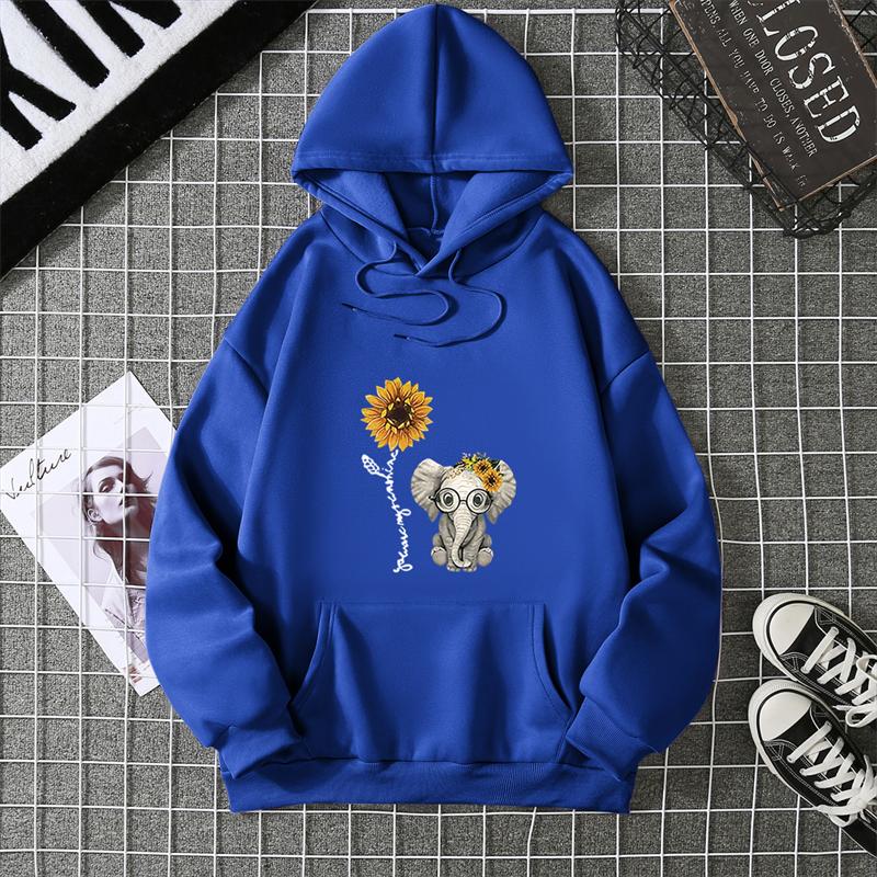 Women's Sunflower Elephant Printing Pattern Round Neck Pullover Long Sleeve Sweater Women Pullover Crew Neck Style
