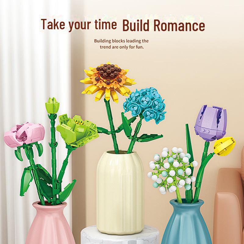 Compatible Lego Small Rose Building Block Bouquet with Vase - Creative Flower Branch Assembly Toy Gift