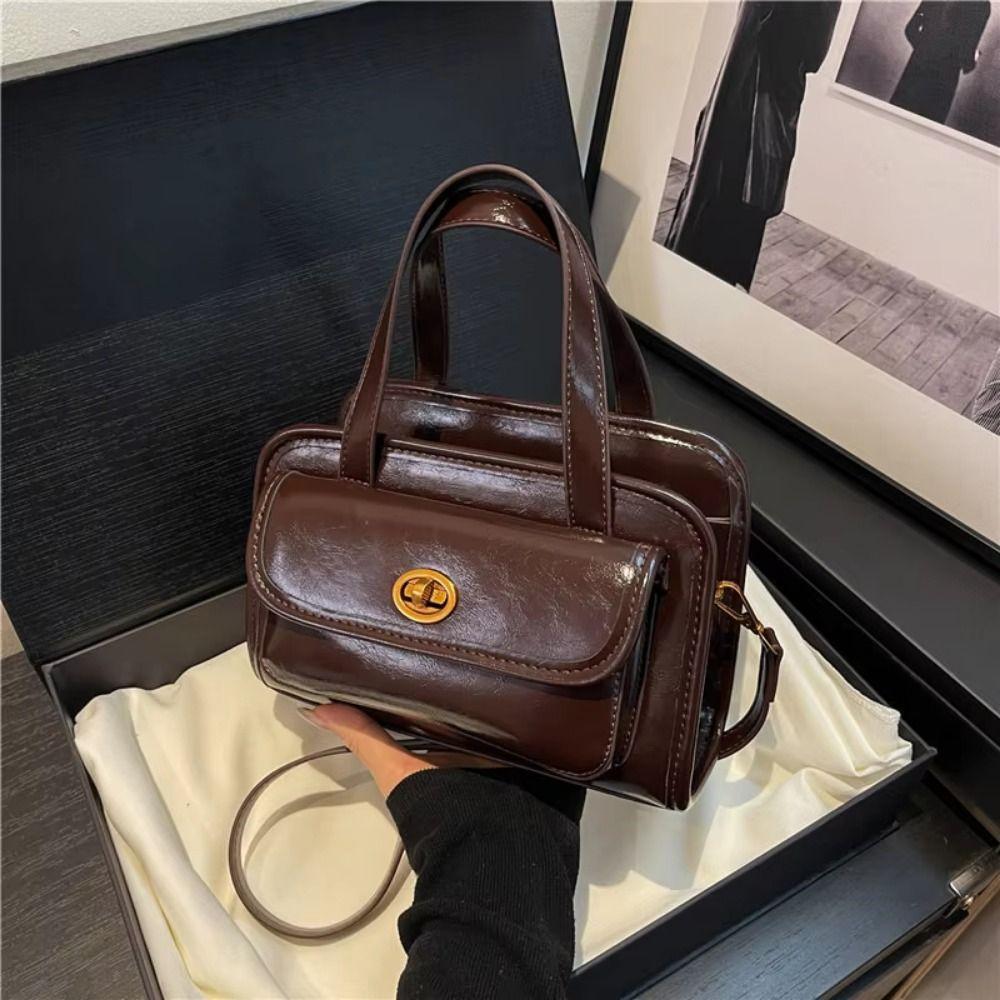Solid Color Pocket Boston Tote Bag Handbag Underarm Bag Temperament PU Bowling Bag  Women