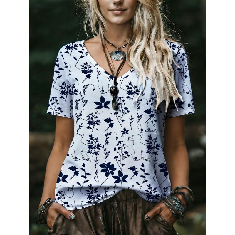 V-Neck Short Sleeve T-Shirt With Blue White Striped Print Loose Fit Casual Top Women 2025