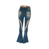 Pantaloni di Jeans a Zampa Vita Media Retro Strappati con Occhielli e Fasce Europei & Americani