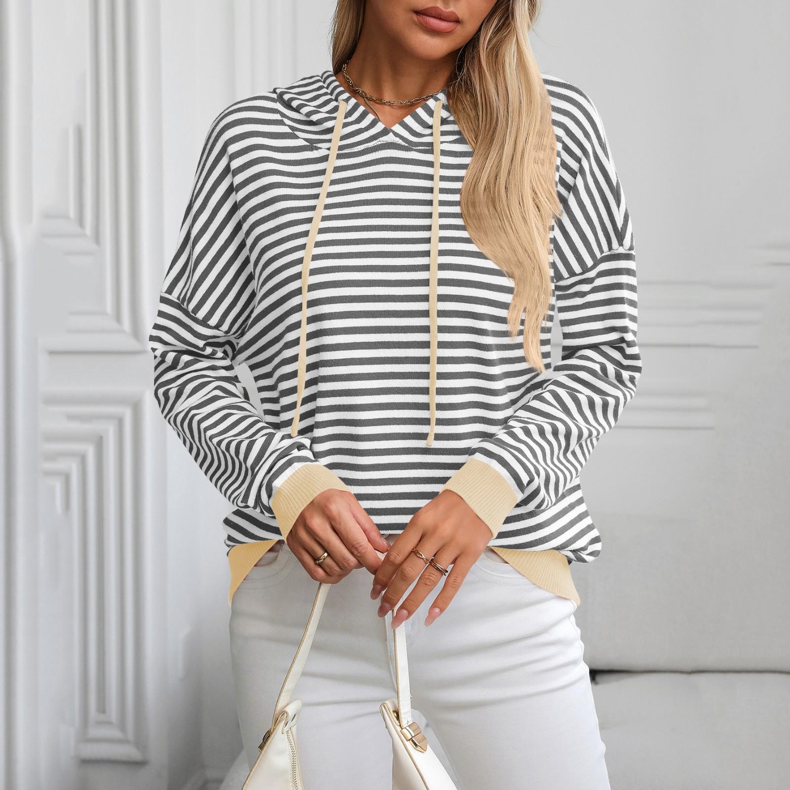 Женская мода полосатый пэчворк длинный рукав повседневный свитшот с капюшоном свободный топ XXL