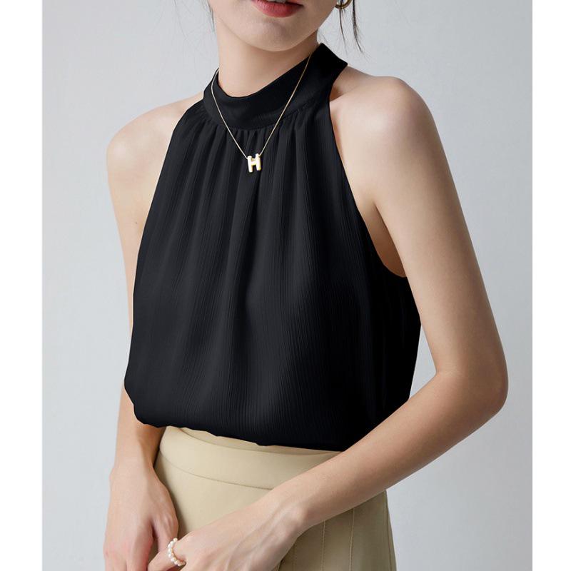 

Элегантная французская шифоновая майка на бретелях халтер - Безрукавная жилетка с уникальным дизайном XXL чёрный