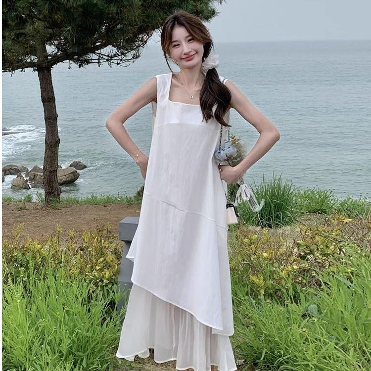 2026 new temperament beautiful vest long dress white irregular hem mesh splicing sleeveless dress women's summer