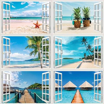 3D natürliche Landschaft gefälschte Fenster Aufkleber Sakura Baum Strand Gebäude Wand Kunst Wandtattoo Home Office Dekoration Vinyl Tapete