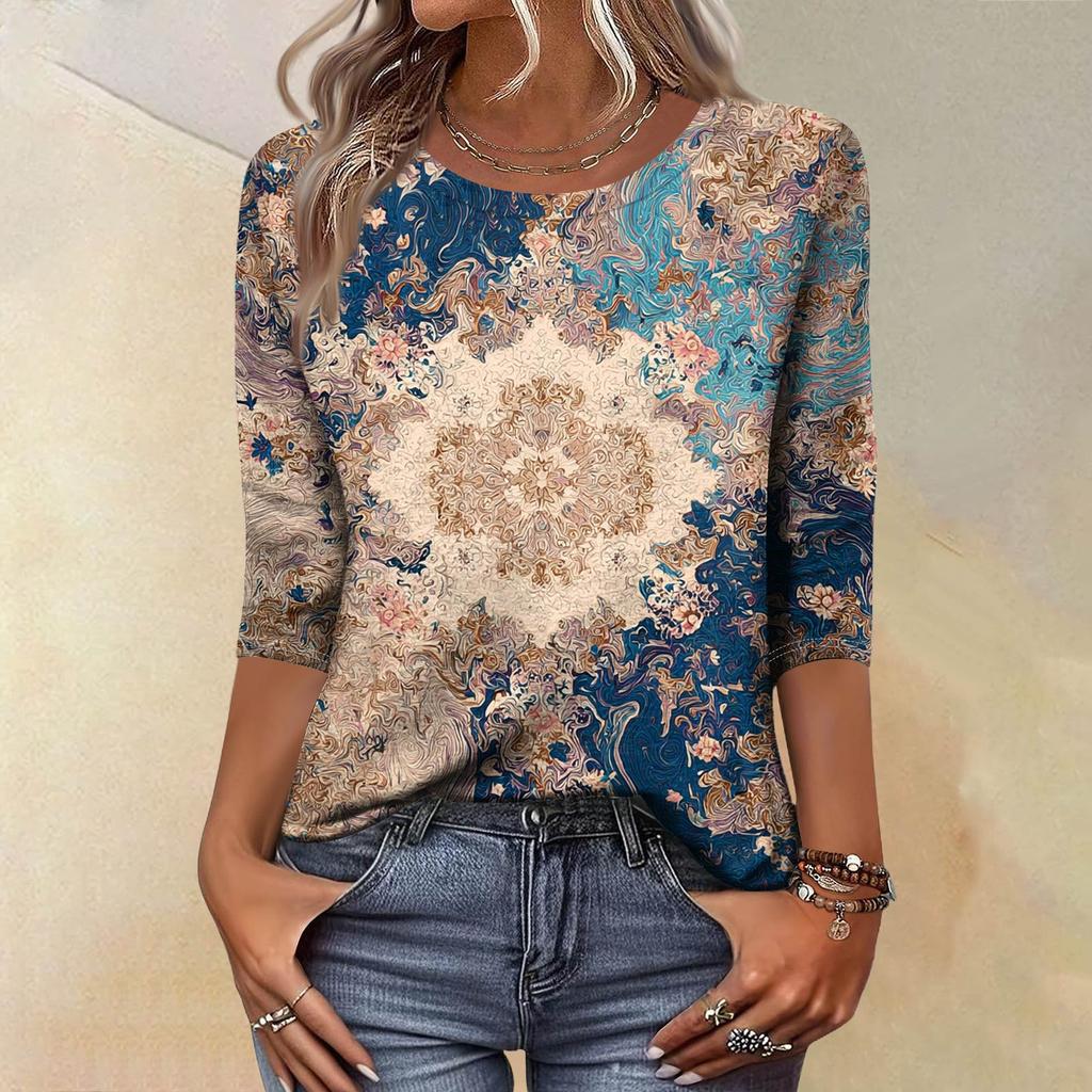 Trendy Vintage 3/4 Sleeve Top For Women,Ladies Casual Three Quarter Sleeve Round Collar Printed T-Shirt Blouse