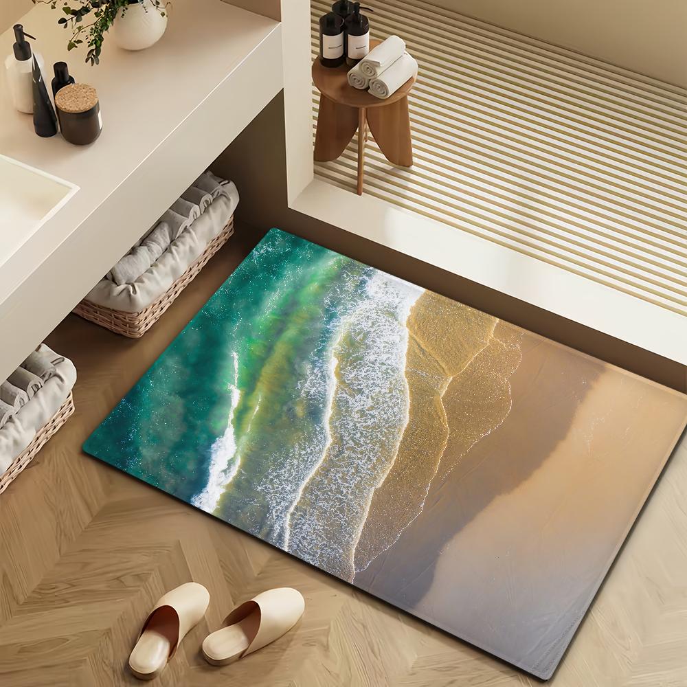 Ocean Spring Beach Wave Summer Door Mat Bath Microfiber Decorative Versatile Flannel Floor Mat Quick Dry Absorbent Non-slip Sole