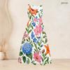 Women Plus Size Round Neck Sleeveless White Blue Floral Printed Dress Tie Waist A Line Flared Dress