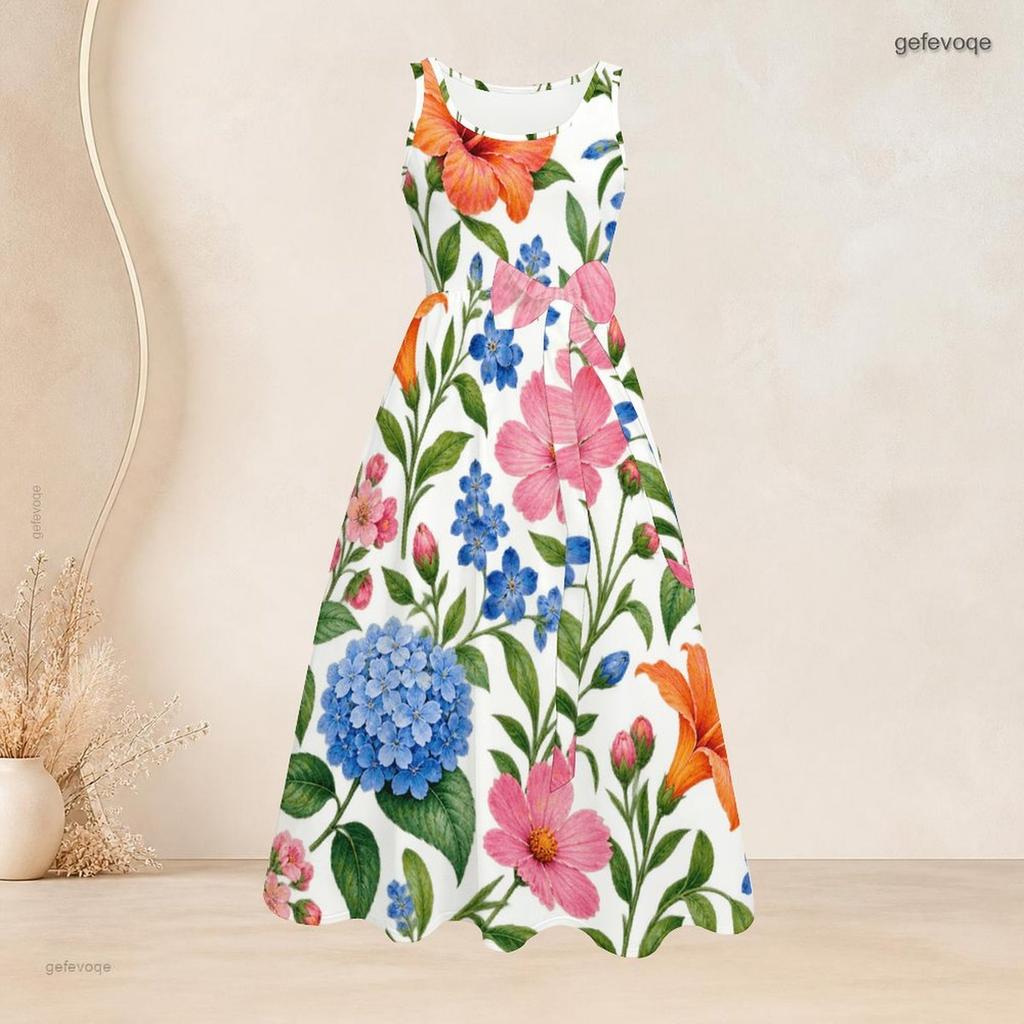 Women Plus Size Round Neck Sleeveless White Blue Floral Printed Dress Tie Waist A Line Flared Dress
