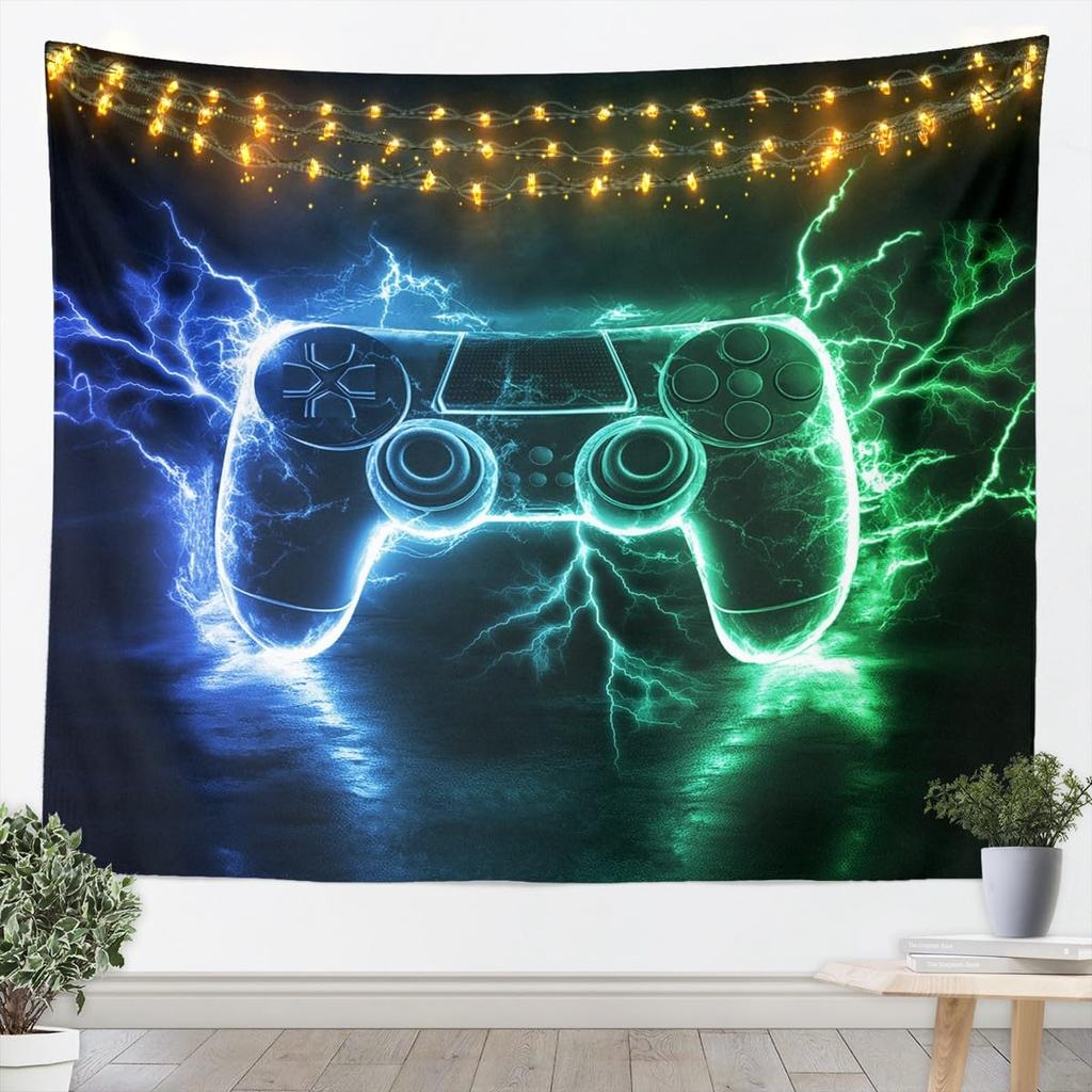 Flame Gaming Controller Tapestry, Black Background with Colorful Controller Pattern for Boys' Bedroom and Gamer Room Decor