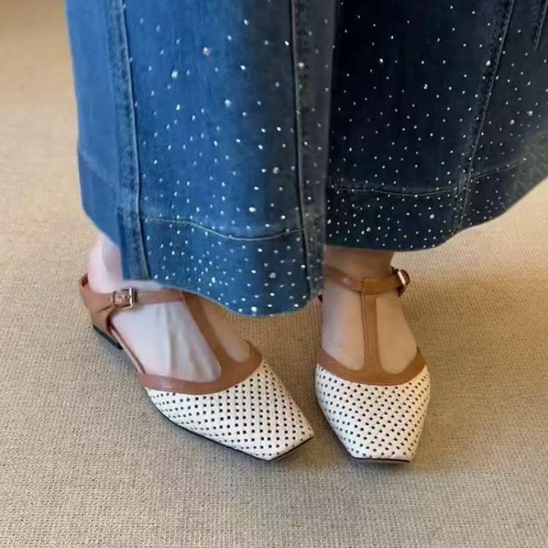 

2025 Summer New Women s Hollow-out Cow Leather Metal Buckle Slip-on Mary Jane Flats Slides Sandal Elegant Ladies Shoes 35 брудно-білий