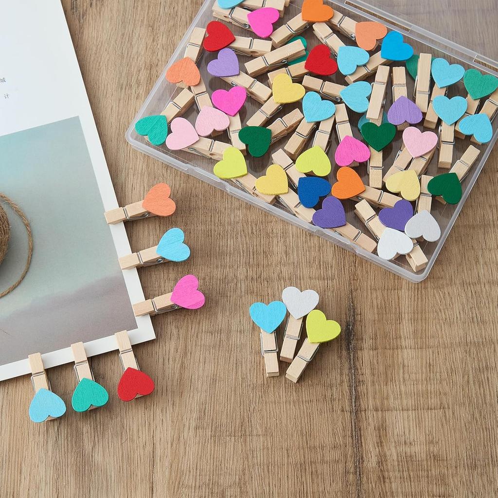 1.4 Inch Colored Wooden Heart Clothesp - 50Pcs Mini Cute Heart Clips, Small Clothes P for Photos, Classroom, Valentine's Day, Small Clips for