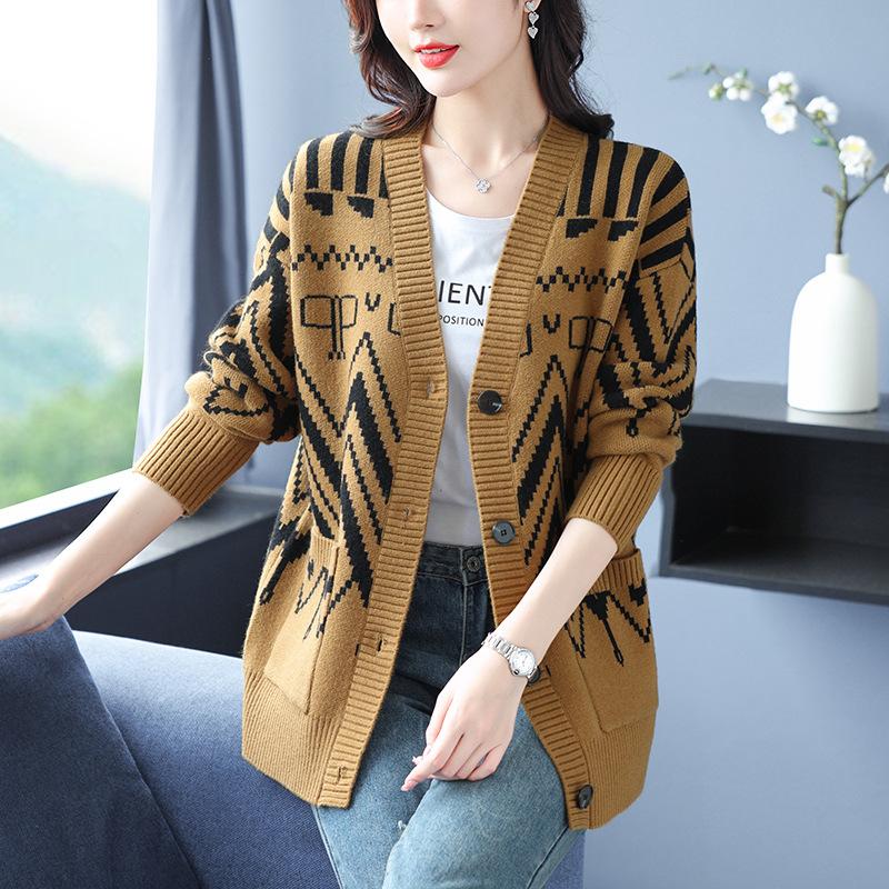 Autumn New Knitted Cardigan Women's New Loose Autumn Top Large Size V-neck Sweater Jacket