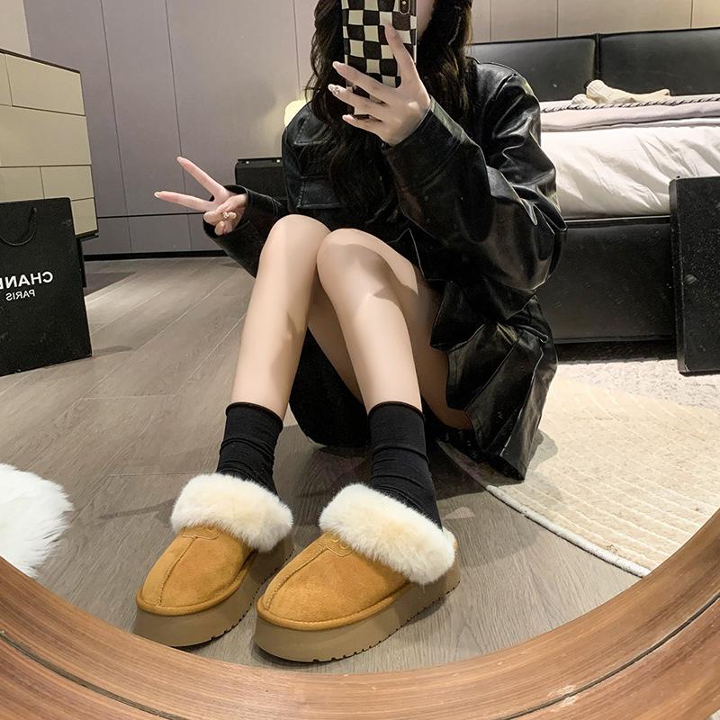 Women's lightweight comfortable non-slip heightening winter warm plush lining non-slip durable casual cotton slippers fur shoes