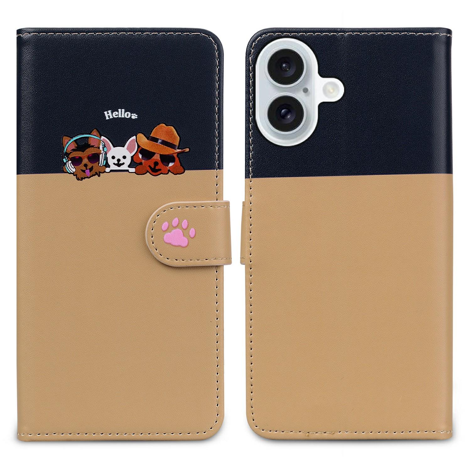 

Cartoon Pet Series for iPhone 16 Plus Wallet Phone Case Splicing Leather Flip Cover Khaki