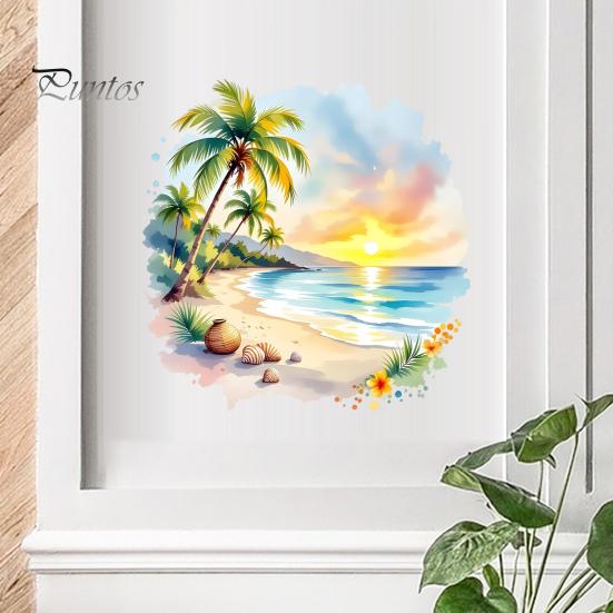 Adesivo per Vetro Autoadesivo Tramonto Palma Costa Marina Decorazione Murale, Adesivo Paesaggio Spiaggia Estiva Acquerello, Decalcomania Rotonda Arte Cocco Tropicale